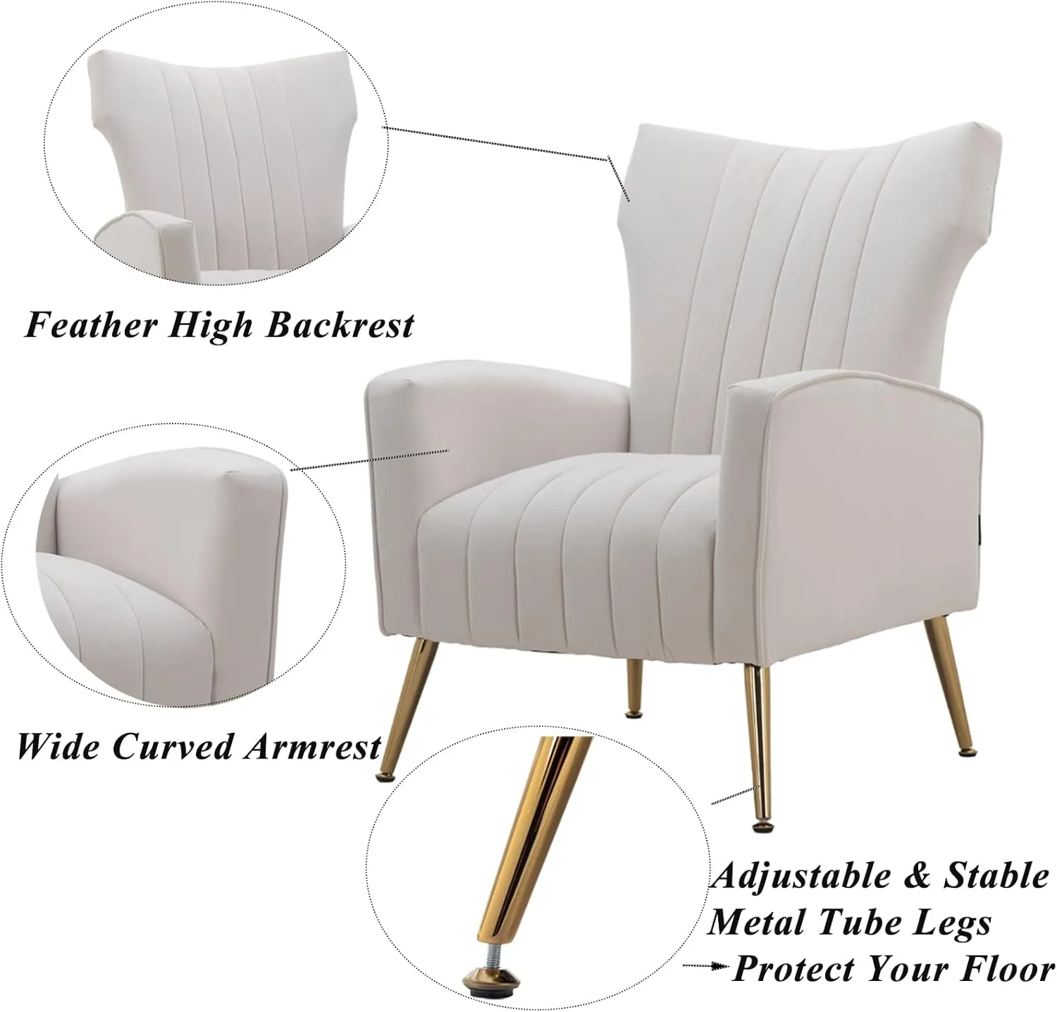 Artechworks Curved Tufted Accent Chair with Metal Gold Legs Velvet Upholstered Arm Club Leisure Modern Chair for Living Room Bedroom Patio, White Cream