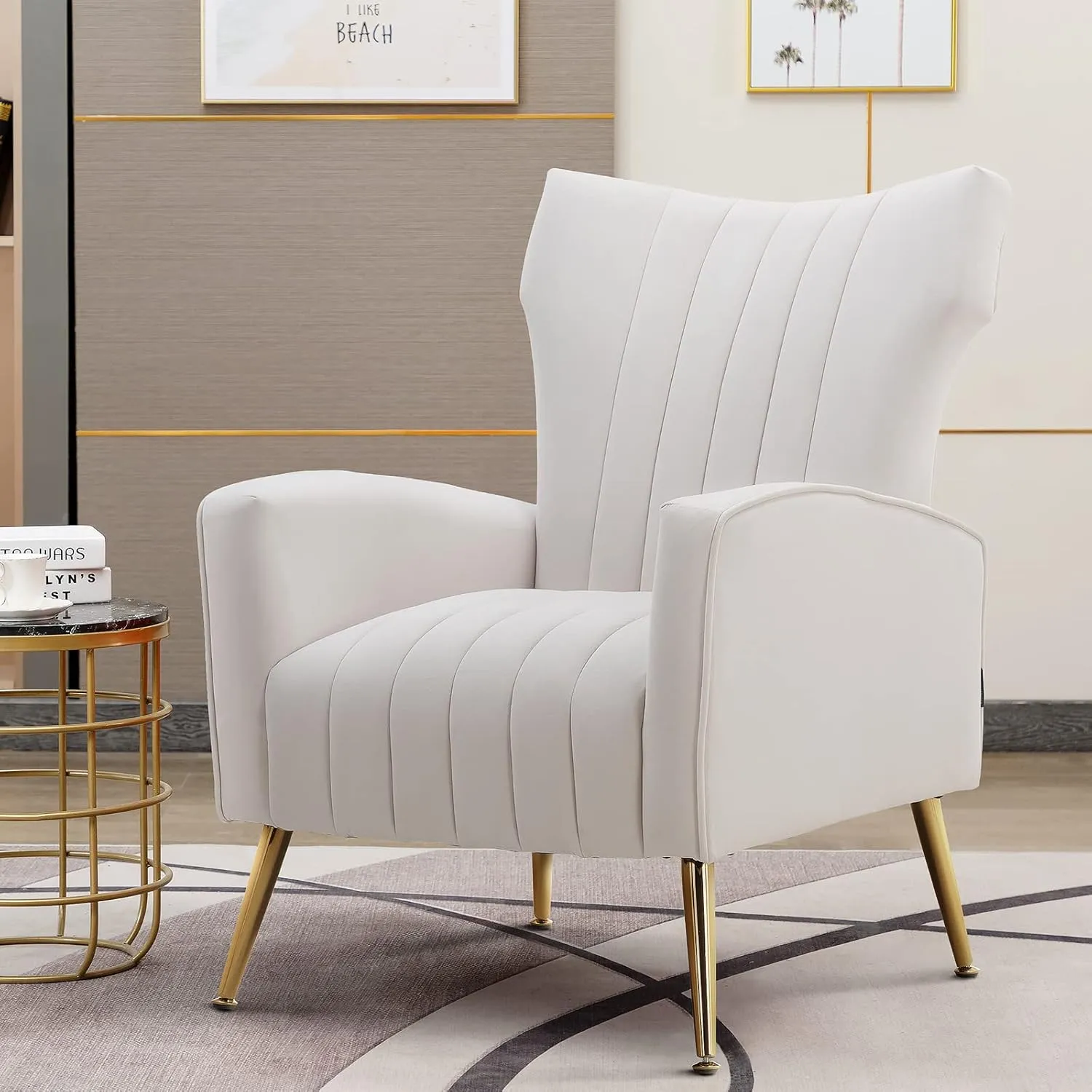 Artechworks Curved Tufted Accent Chair with Metal Gold Legs Velvet Upholstered Arm Club Leisure Modern Chair for Living Room Bedroom Patio, White Cream