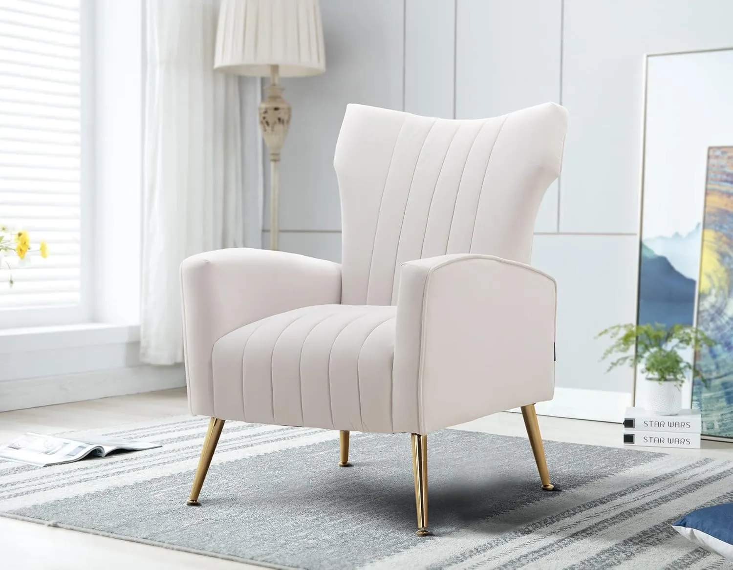 Artechworks Curved Tufted Accent Chair with Metal Gold Legs Velvet Upholstered Arm Club Leisure Modern Chair for Living Room Bedroom Patio, White Cream