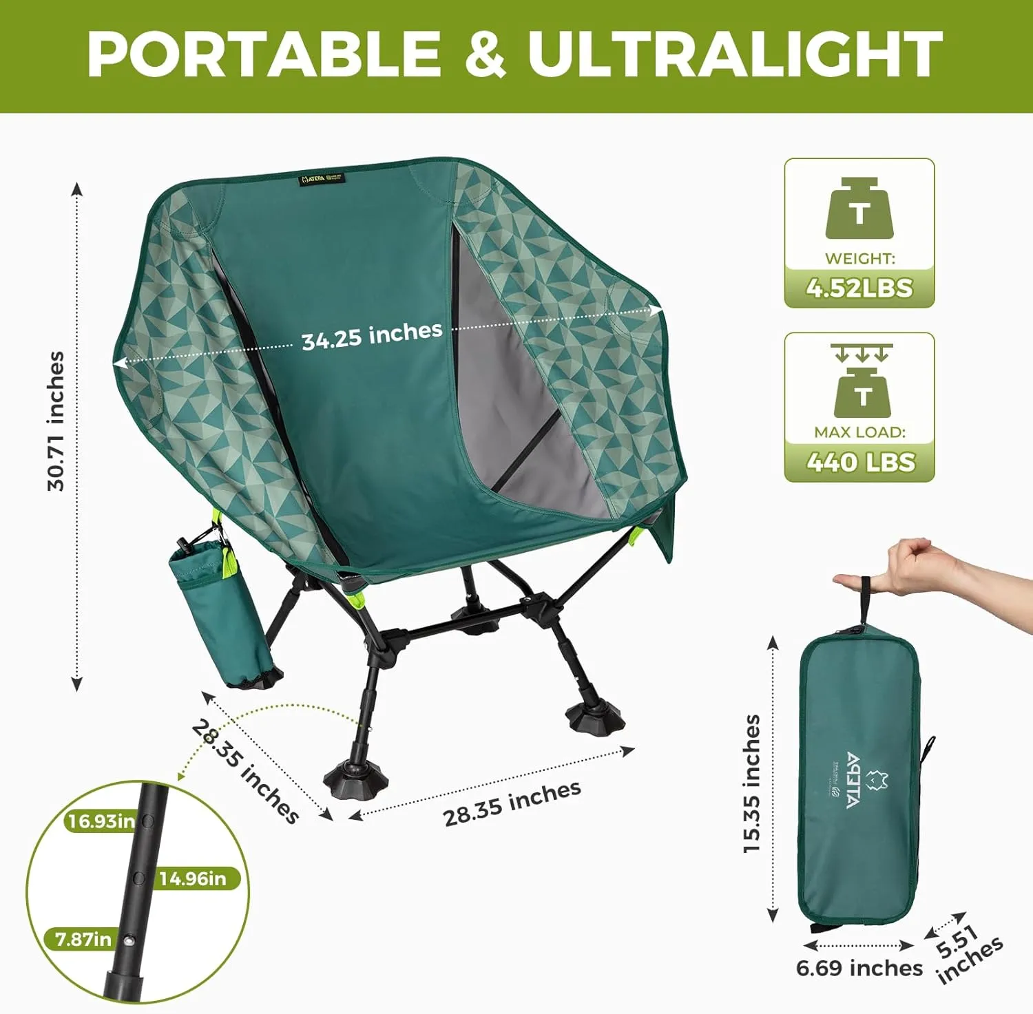 ATEPA Comfortable Camping Chair, 440lbs Heavy Duty UFO Hexagon Ergonomic Backpacking Chairs Portable Folding Height Adjustable Seat with Big Anti-Sinking Feet Side Pocket & Carabiner for Hiking Travel