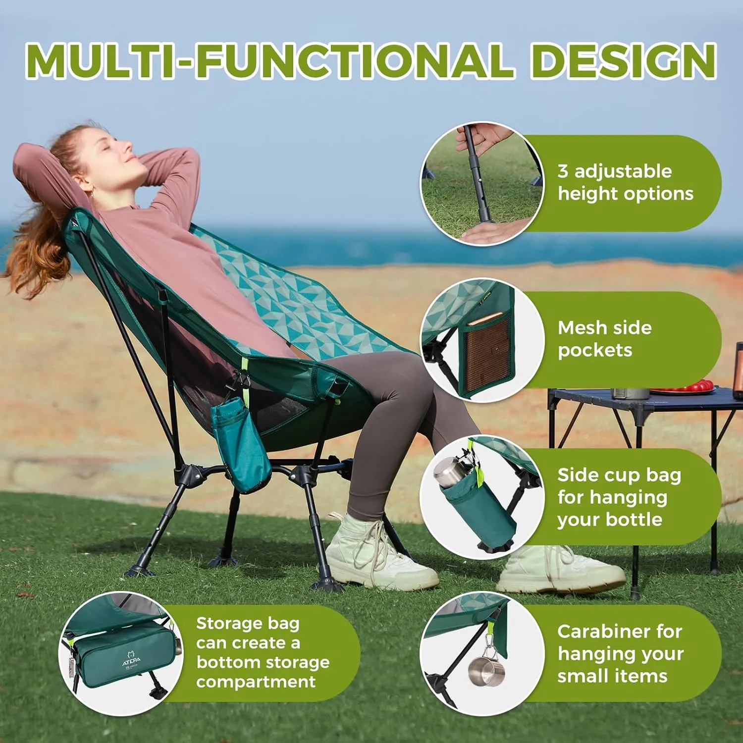 ATEPA Comfortable Camping Chair, 440lbs Heavy Duty UFO Hexagon Ergonomic Backpacking Chairs Portable Folding Height Adjustable Seat with Big Anti-Sinking Feet Side Pocket & Carabiner for Hiking Travel