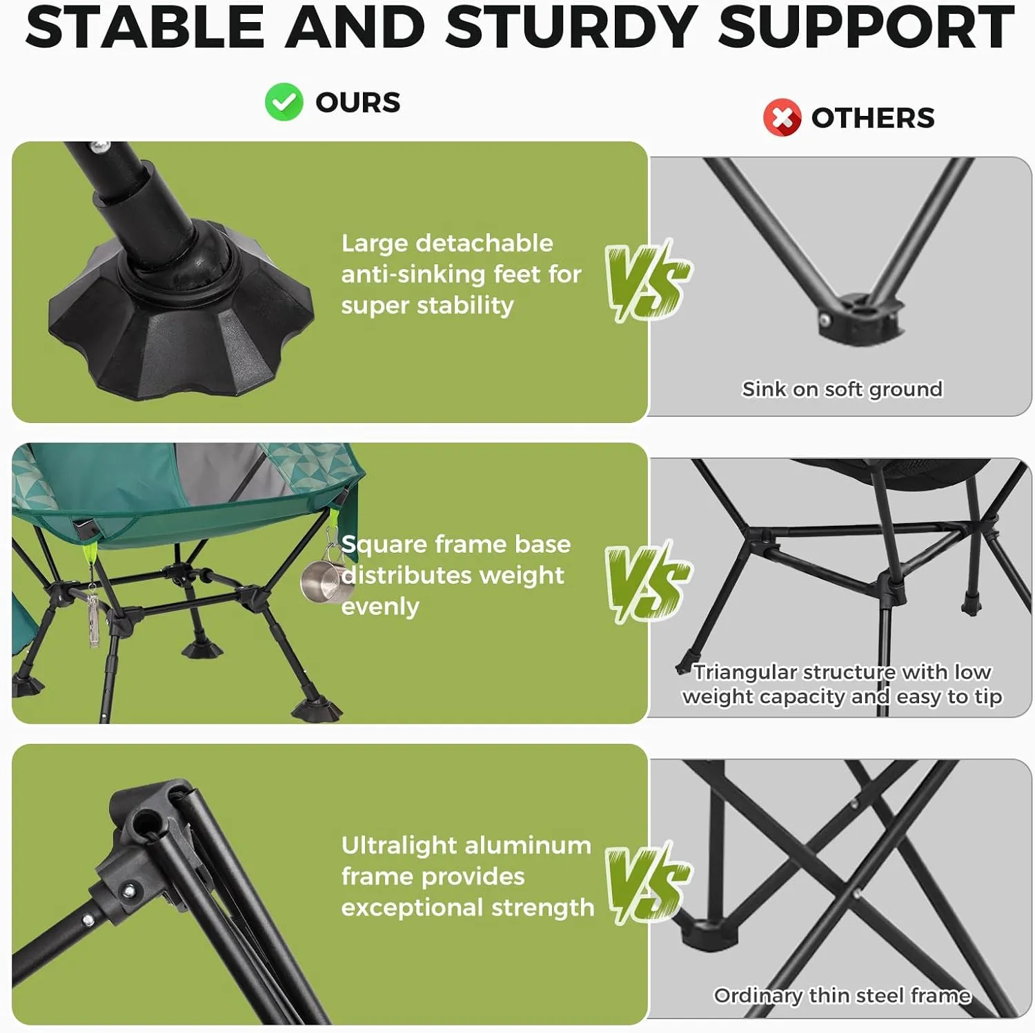 ATEPA Comfortable Camping Chair, 440lbs Heavy Duty UFO Hexagon Ergonomic Backpacking Chairs Portable Folding Height Adjustable Seat with Big Anti-Sinking Feet Side Pocket & Carabiner for Hiking Travel