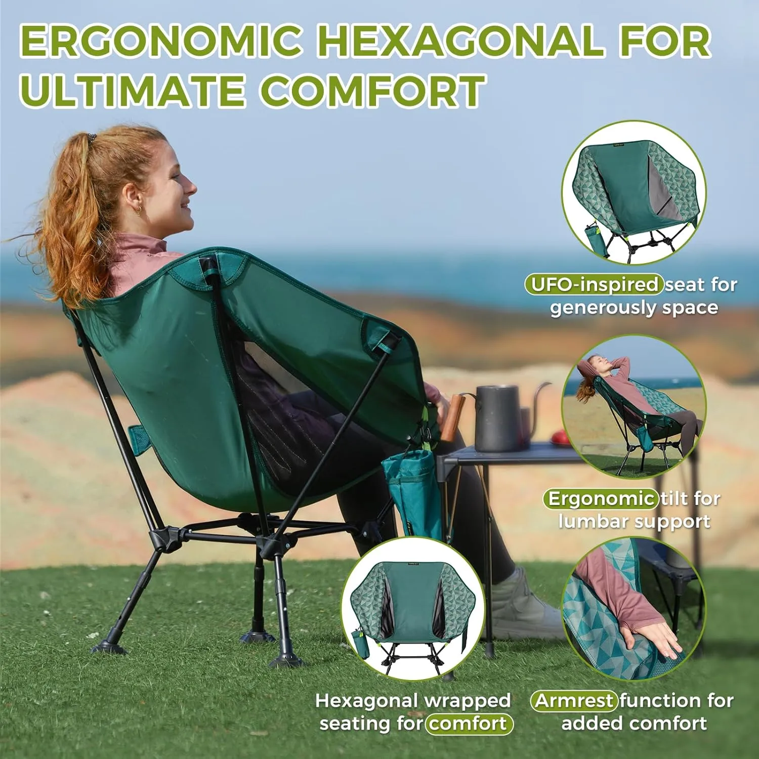 ATEPA Comfortable Camping Chair, 440lbs Heavy Duty UFO Hexagon Ergonomic Backpacking Chairs Portable Folding Height Adjustable Seat with Big Anti-Sinking Feet Side Pocket & Carabiner for Hiking Travel