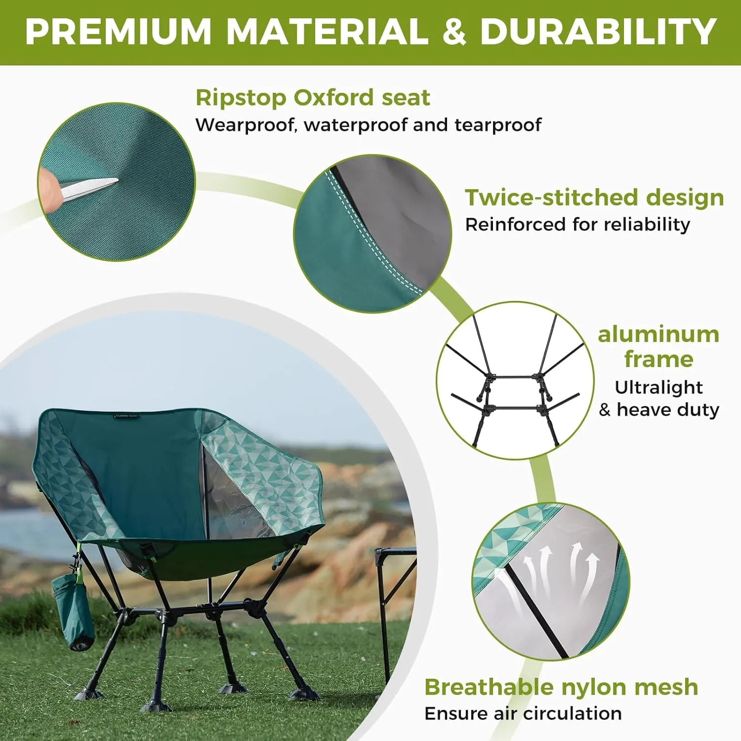 ATEPA Comfortable Camping Chair, 440lbs Heavy Duty UFO Hexagon Ergonomic Backpacking Chairs Portable Folding Height Adjustable Seat with Big Anti-Sinking Feet Side Pocket & Carabiner for Hiking Travel