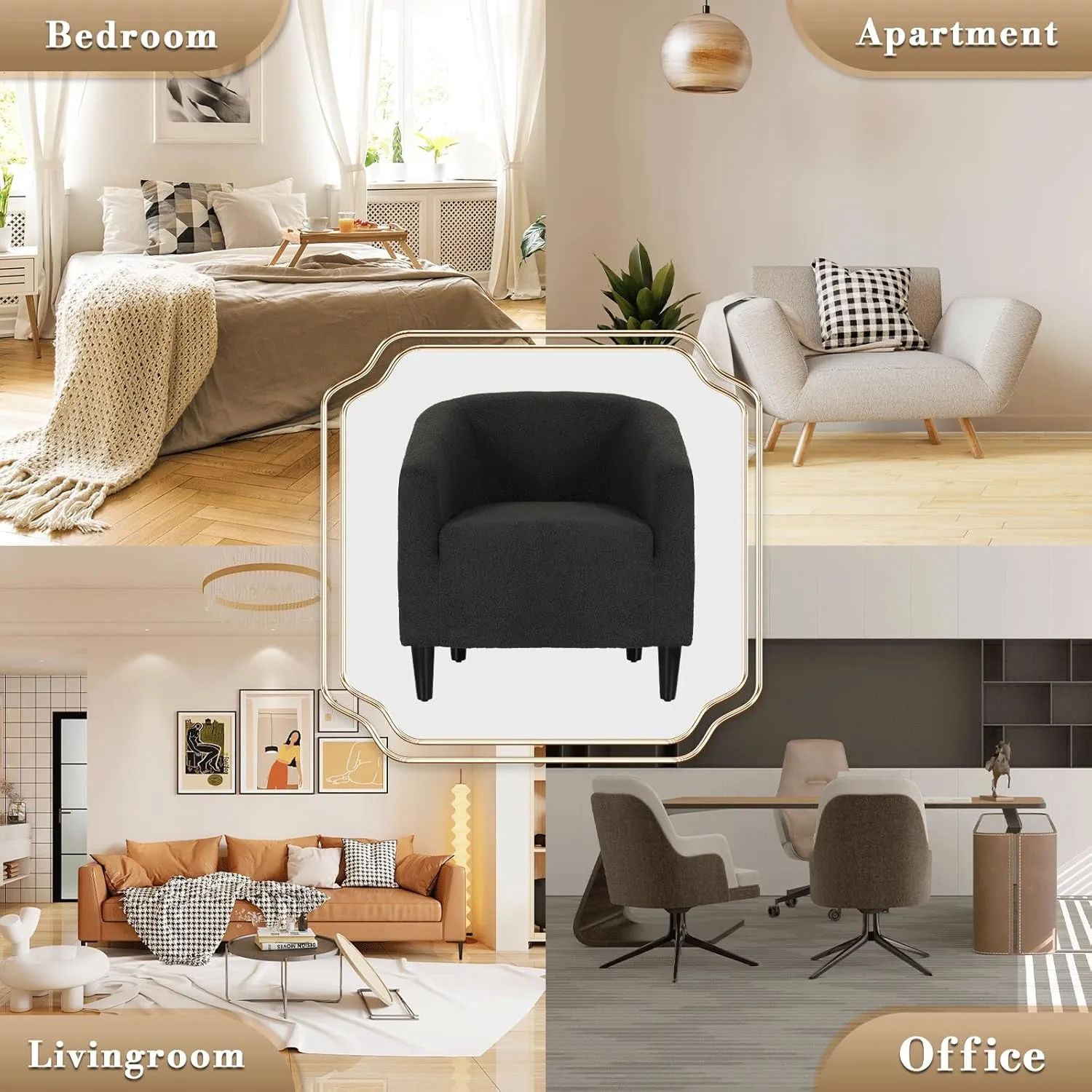 Athena Collection Modern Barrel Accent Chair, Furry Cozy Reading Arm Chair for Adults, Soft Comfy Upholstered Sofa Armchair for Corner, Living Room, Bedroom, Reception Room, Black