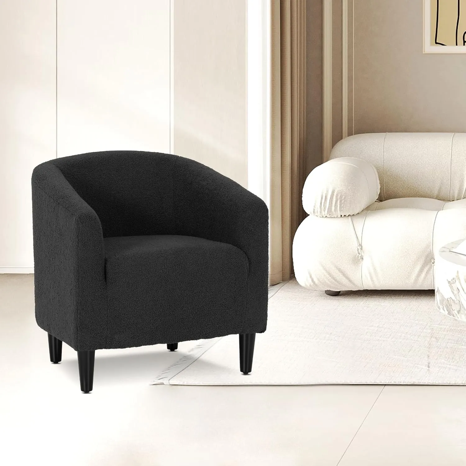 Athena Collection Modern Barrel Accent Chair, Furry Cozy Reading Arm Chair for Adults, Soft Comfy Upholstered Sofa Armchair for Corner, Living Room, Bedroom, Reception Room, Black