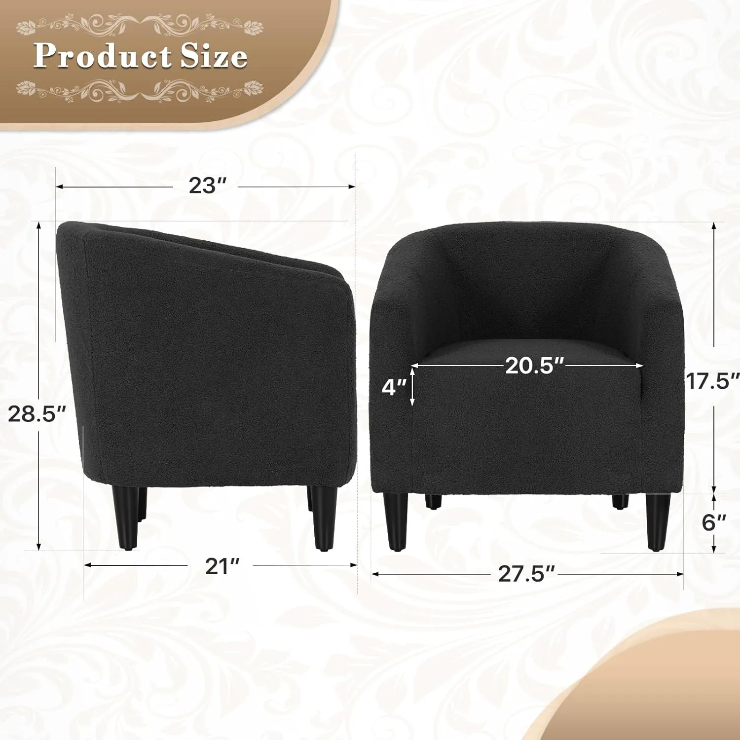Athena Collection Modern Barrel Accent Chair, Furry Cozy Reading Arm Chair for Adults, Soft Comfy Upholstered Sofa Armchair for Corner, Living Room, Bedroom, Reception Room, Black