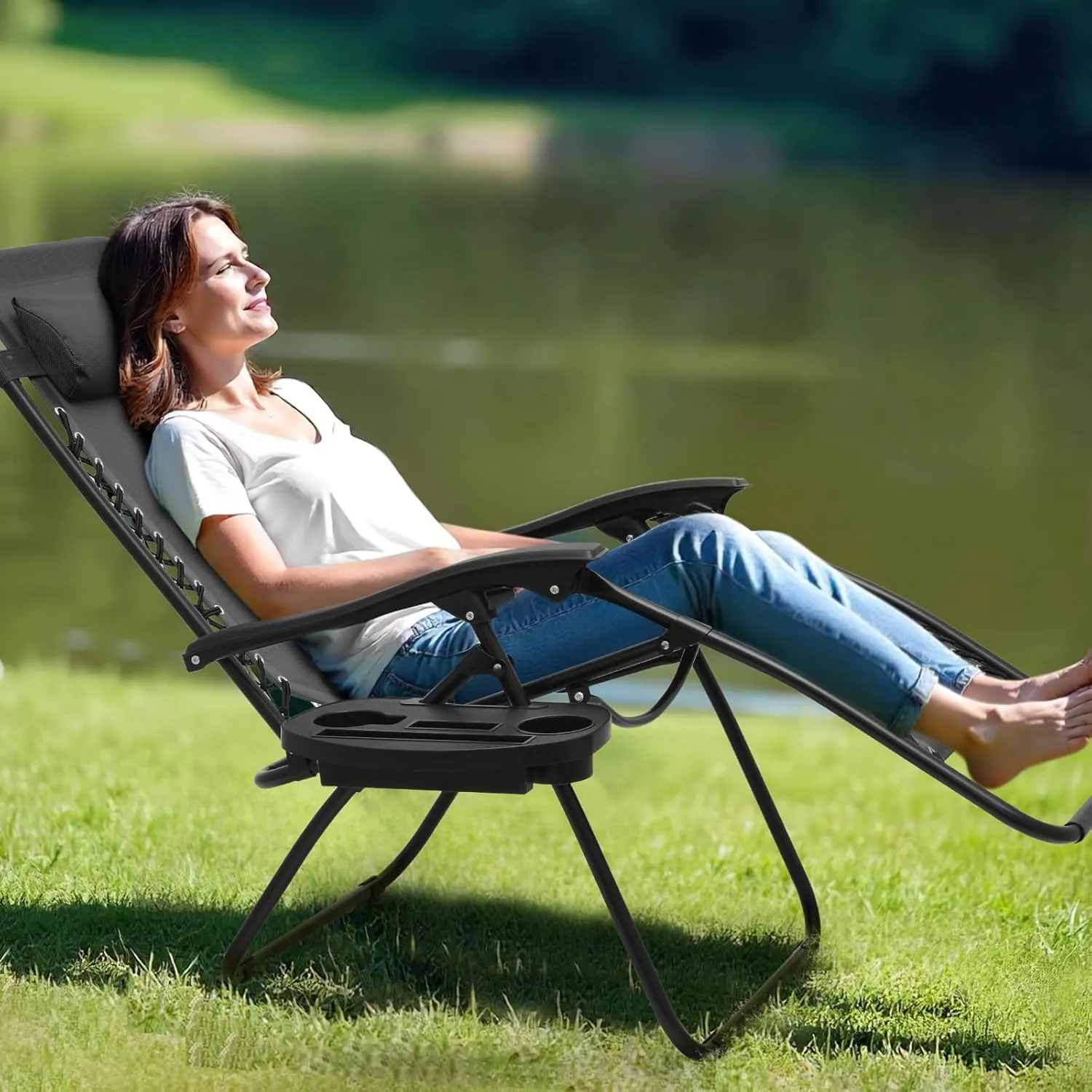 Athena Collection Zero Gravity Chair, Outdoor Lounge Chair with Adjustable Pillow and Cup Holder, Reclining Camping Chair for Outside Beach Lawn Garden Patio Poolside - Black