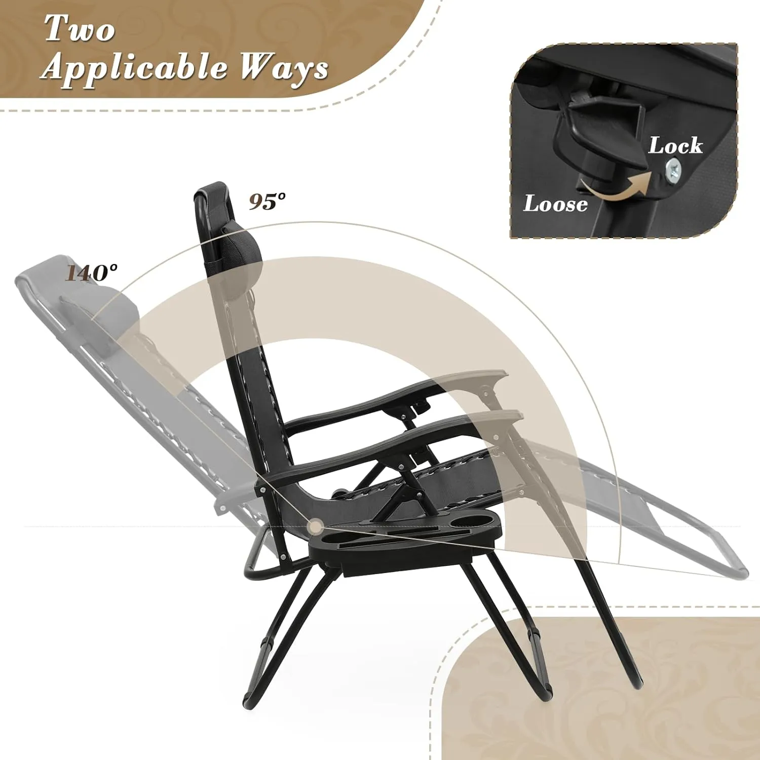 Athena Collection Zero Gravity Chair, Outdoor Lounge Chair with Adjustable Pillow and Cup Holder, Reclining Camping Chair for Outside Beach Lawn Garden Patio Poolside - Black