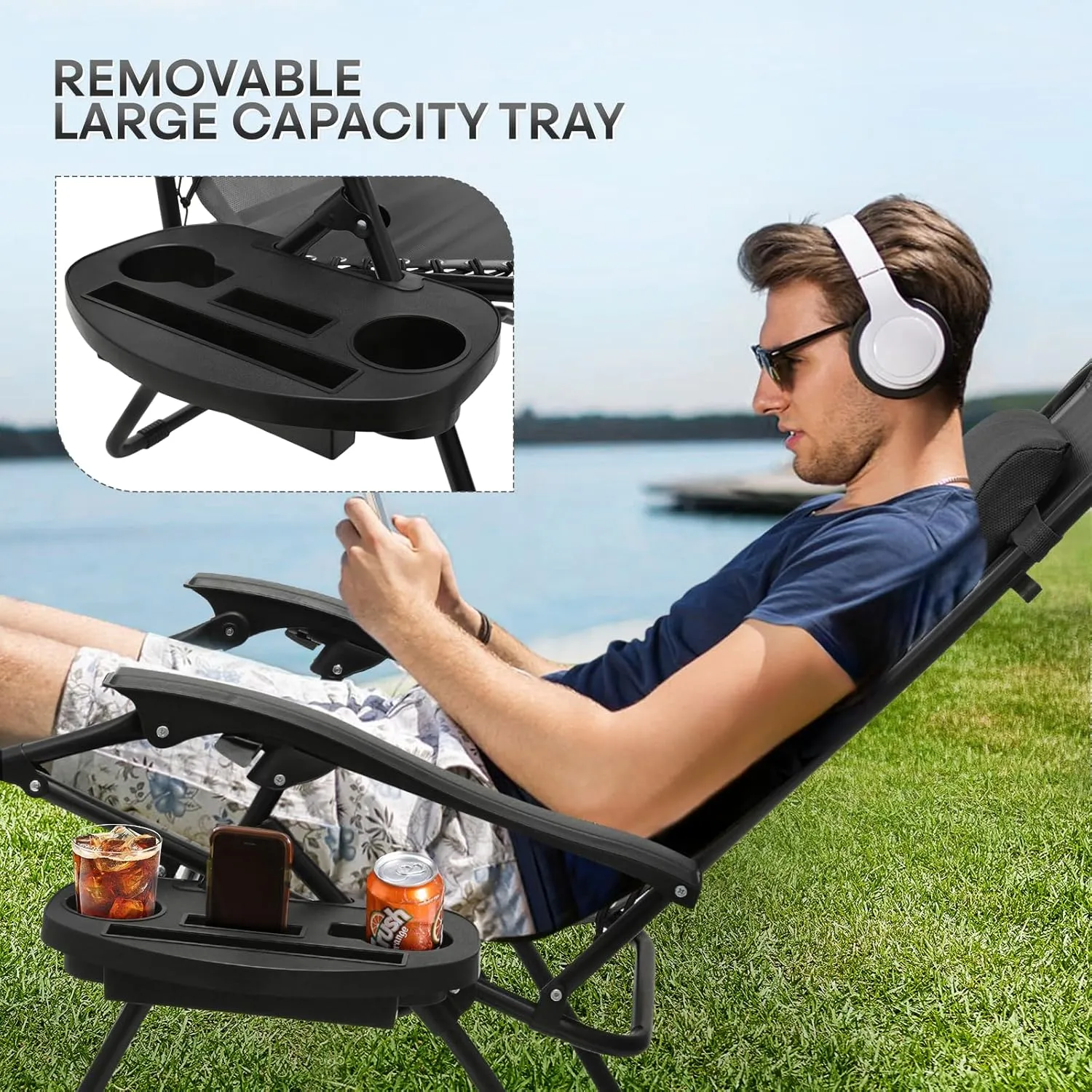 Athena Collection Zero Gravity Chair, Outdoor Lounge Chair with Adjustable Pillow and Cup Holder, Reclining Camping Chair for Outside Beach Lawn Garden Patio Poolside - Black