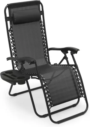 Athena Collection Zero Gravity Chair, Outdoor Lounge Chair with Adjustable Pillow and Cup Holder, Reclining Camping Chair for Outside Beach Lawn Garden Patio Poolside - Black