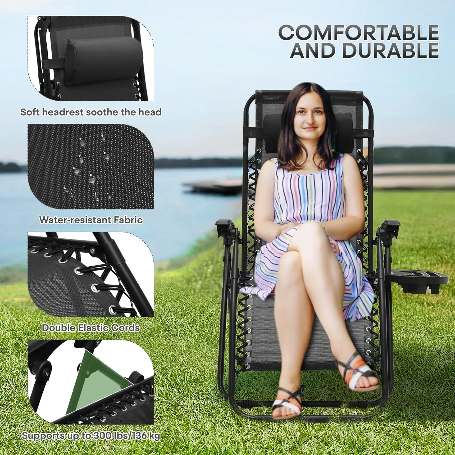 Athena Collection Zero Gravity Chair, Outdoor Lounge Chair with Adjustable Pillow and Cup Holder, Reclining Camping Chair for Outside Beach Lawn Garden Patio Poolside - Black