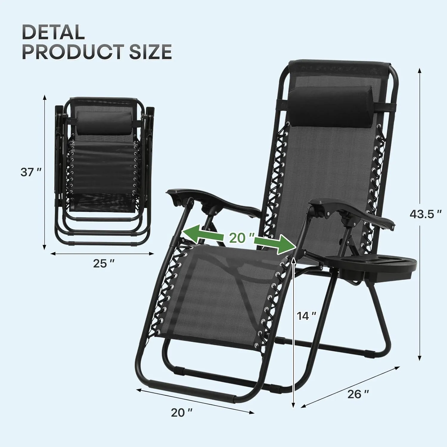 Athena Collection Zero Gravity Chair, Outdoor Lounge Chair with Adjustable Pillow and Cup Holder, Reclining Camping Chair for Outside Beach Lawn Garden Patio Poolside - Black