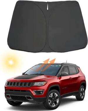 Auto Windshield Sun Shade Custom Fit for Jeep Compass 2017-2023 Foldable Car Front Window Sunshade Interior Accessories Sun Visor Protector Reflective Cover Block UV Rays & Sun Heat(Black)