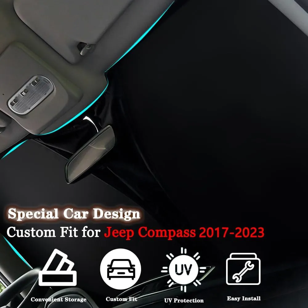 Auto Windshield Sun Shade Custom Fit for Jeep Compass 2017-2023 Foldable Car Front Window Sunshade Interior Accessories Sun Visor Protector Reflective Cover Block UV Rays & Sun Heat(Black)