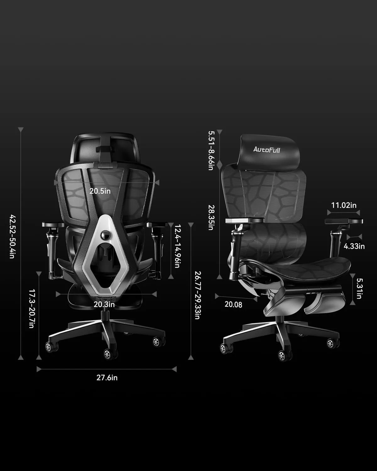 AutoFull G5 Ergonomic Office Chair with 6D Lumbar Support, 360° Adjustable Armrest, Reclining Computer Mesh Chair with Footrest, Sliver