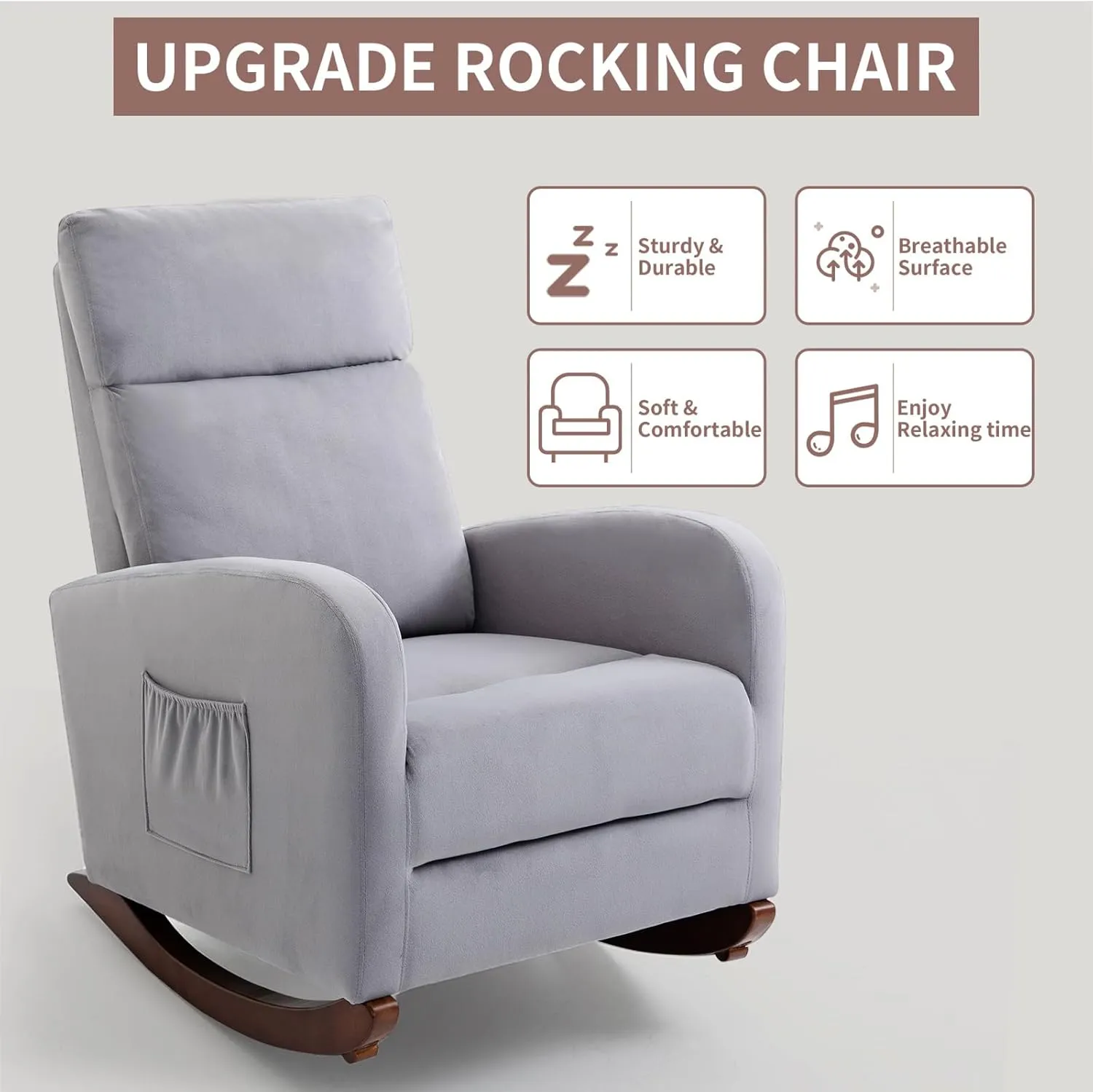 AVAWING Glider Rocking Chair, Upholstered Rocker for Nursery with Solid Legs and Side Pockets, High Back Armchair for Living Room Bedroom (Grey)