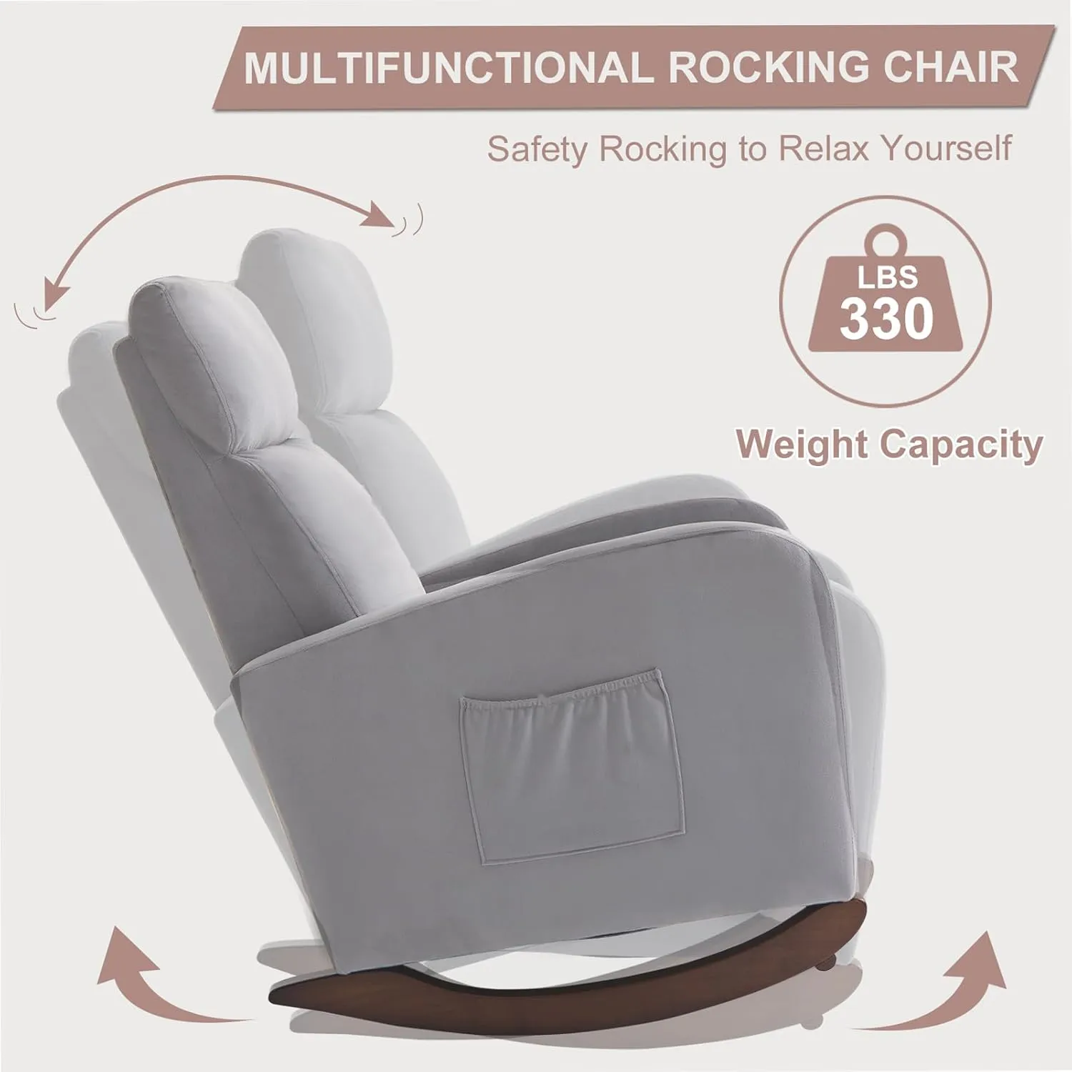 AVAWING Glider Rocking Chair, Upholstered Rocker for Nursery with Solid Legs and Side Pockets, High Back Armchair for Living Room Bedroom (Grey)