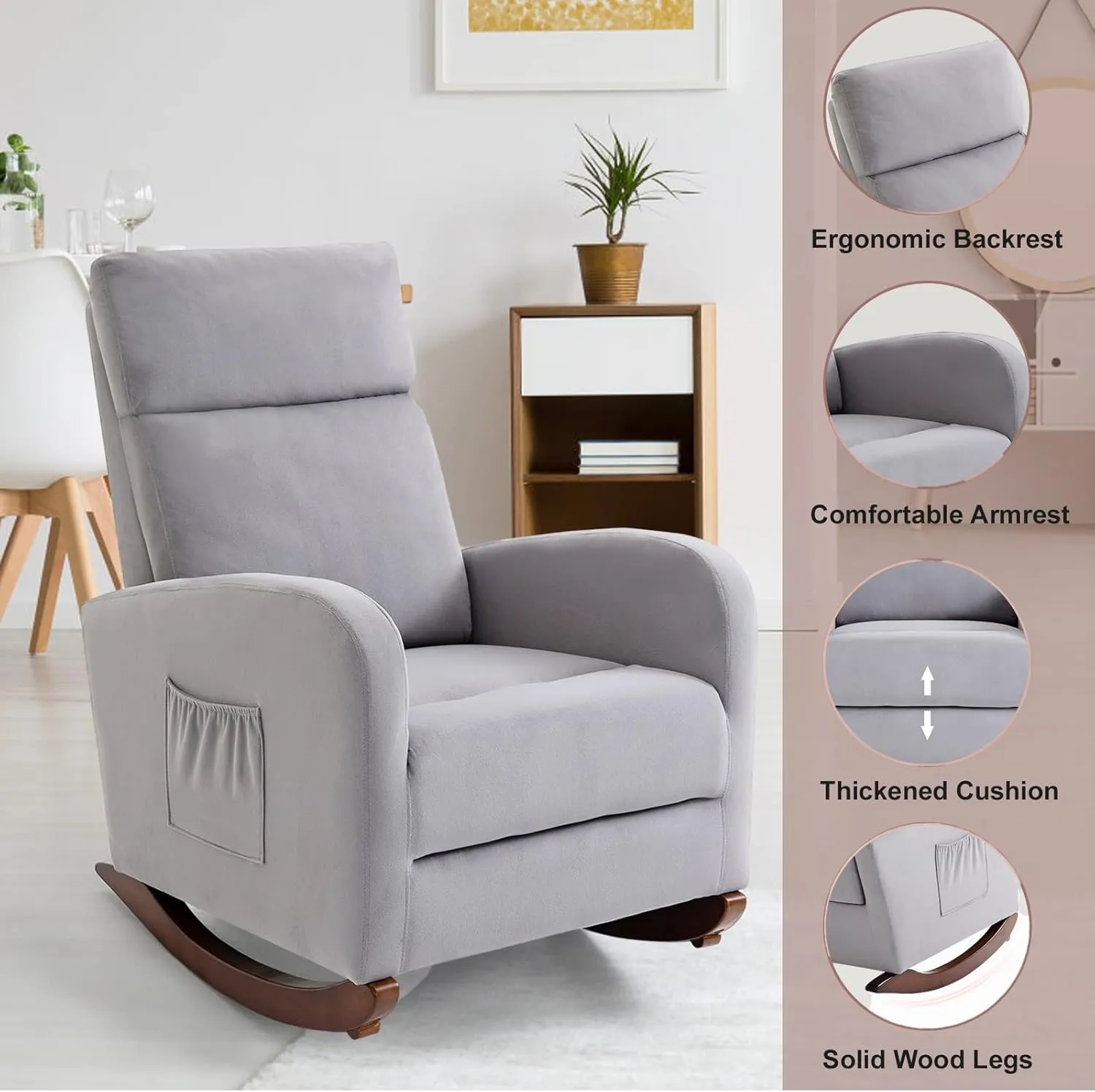 AVAWING Glider Rocking Chair, Upholstered Rocker for Nursery with Solid Legs and Side Pockets, High Back Armchair for Living Room Bedroom (Grey)