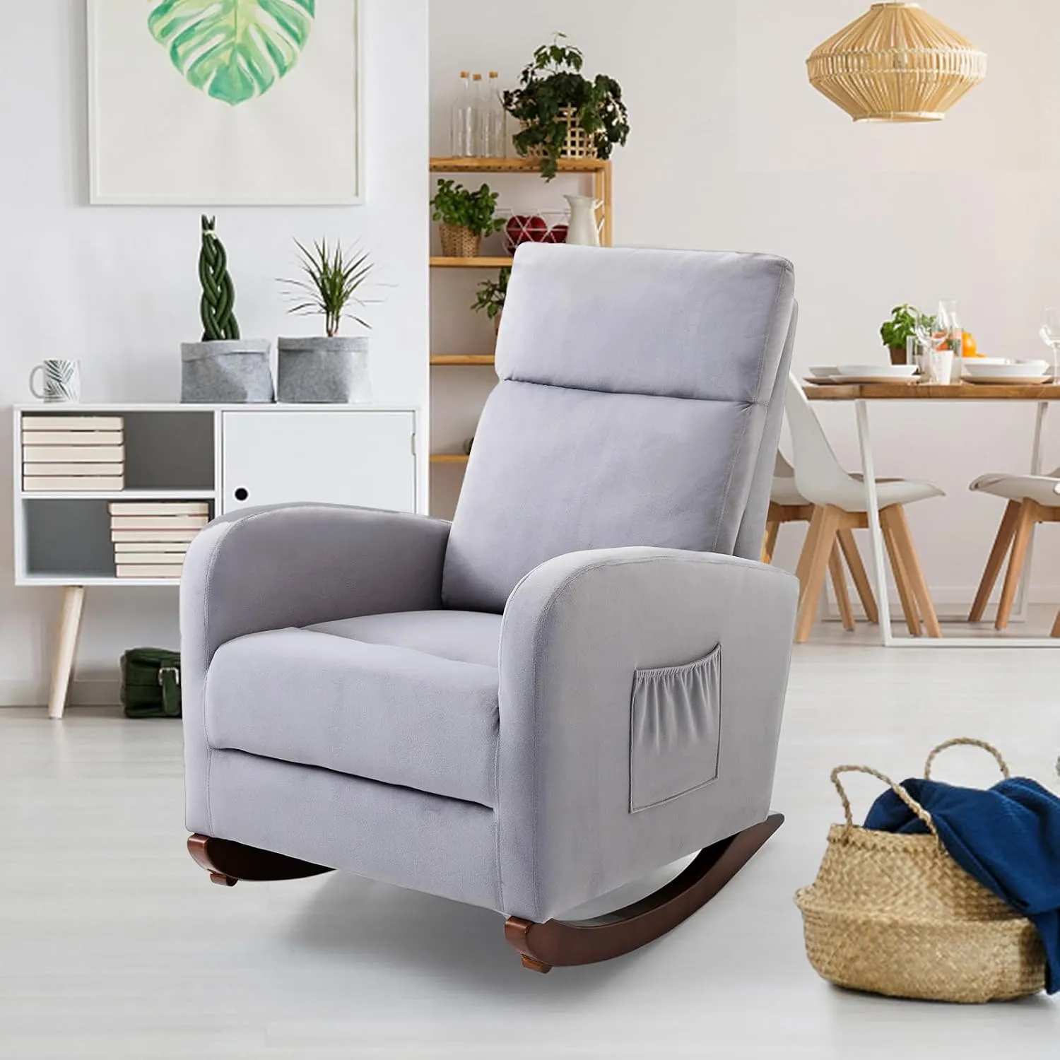 AVAWING Glider Rocking Chair, Upholstered Rocker for Nursery with Solid Legs and Side Pockets, High Back Armchair for Living Room Bedroom (Grey)