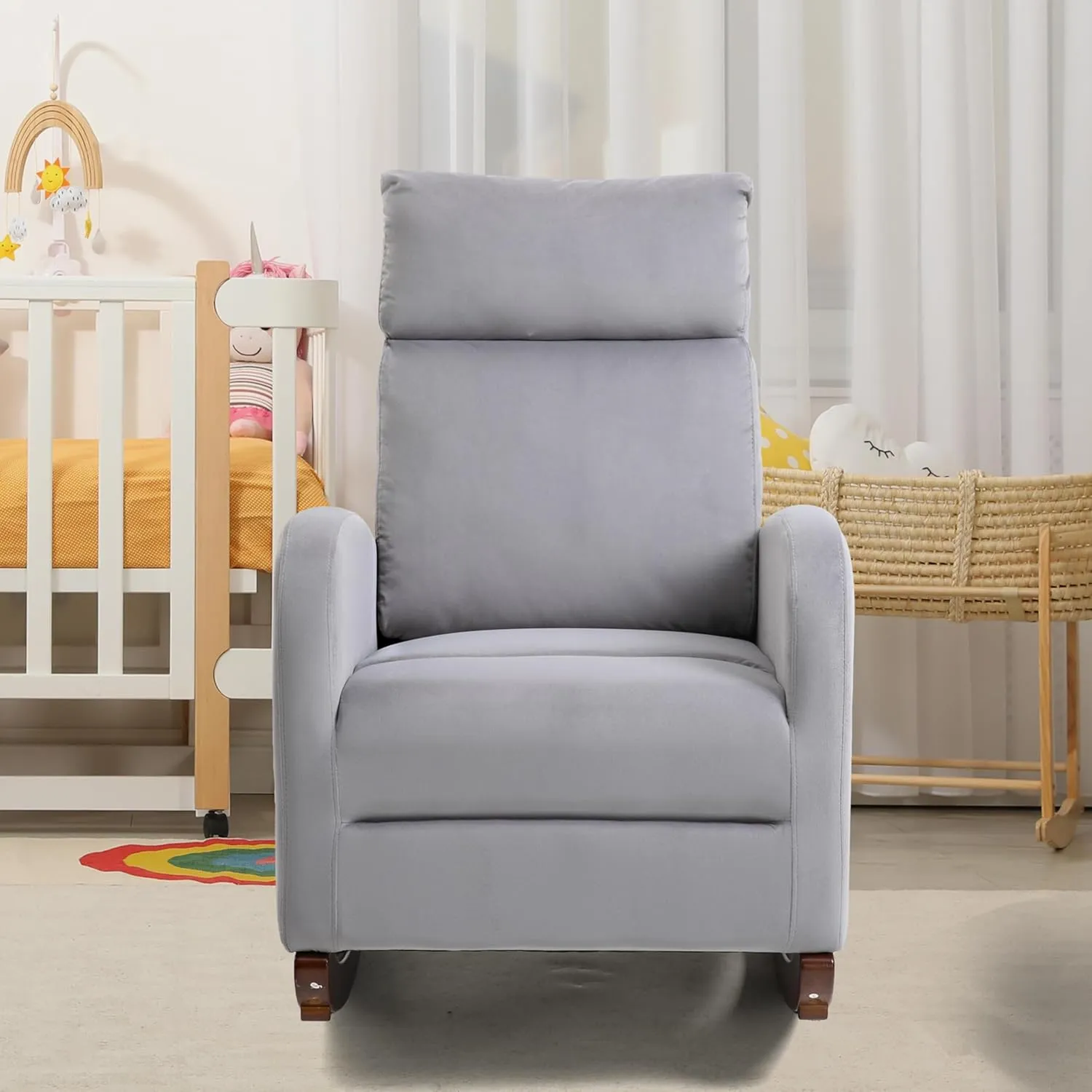 AVAWING Glider Rocking Chair, Upholstered Rocker for Nursery with Solid Legs and Side Pockets, High Back Armchair for Living Room Bedroom (Grey)