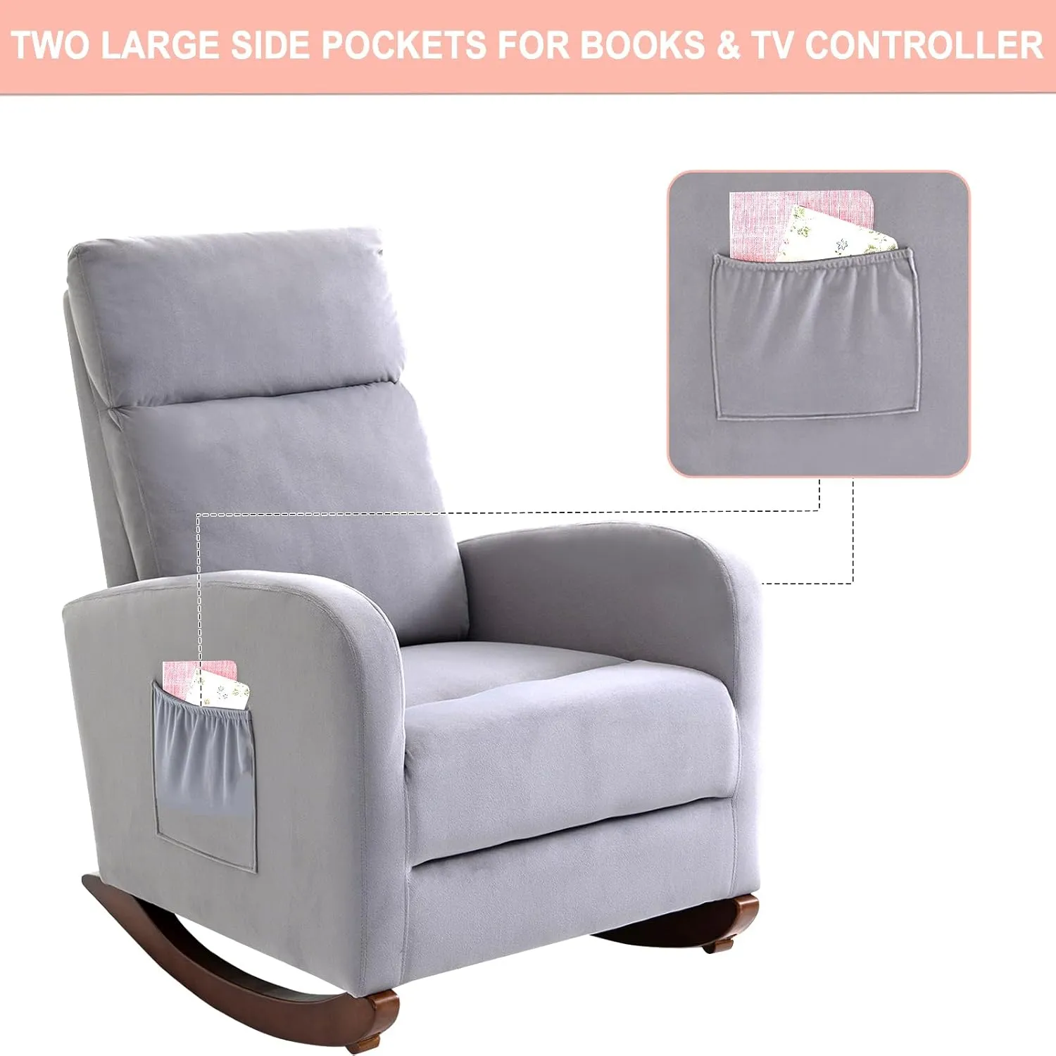 AVAWING Glider Rocking Chair, Upholstered Rocker for Nursery with Solid Legs and Side Pockets, High Back Armchair for Living Room Bedroom (Grey)