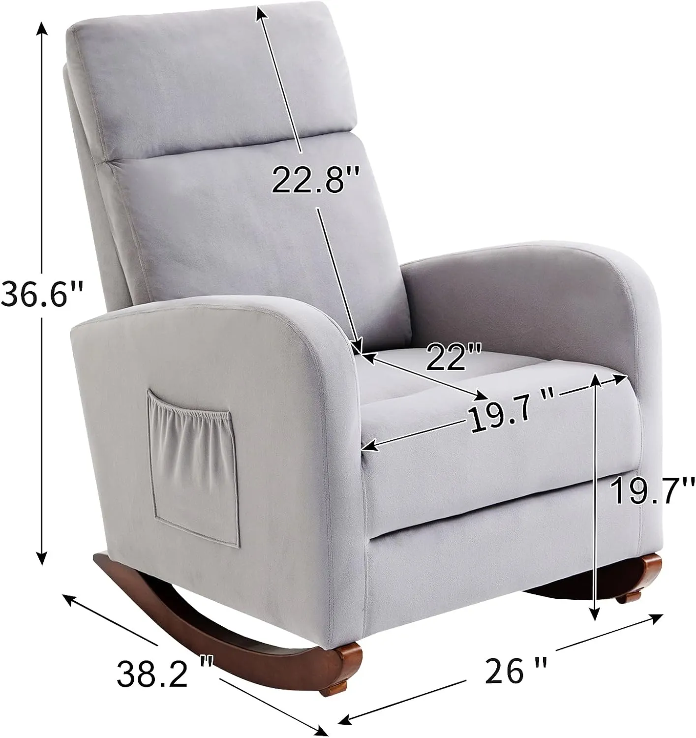 AVAWING Glider Rocking Chair, Upholstered Rocker for Nursery with Solid Legs and Side Pockets, High Back Armchair for Living Room Bedroom (Grey)