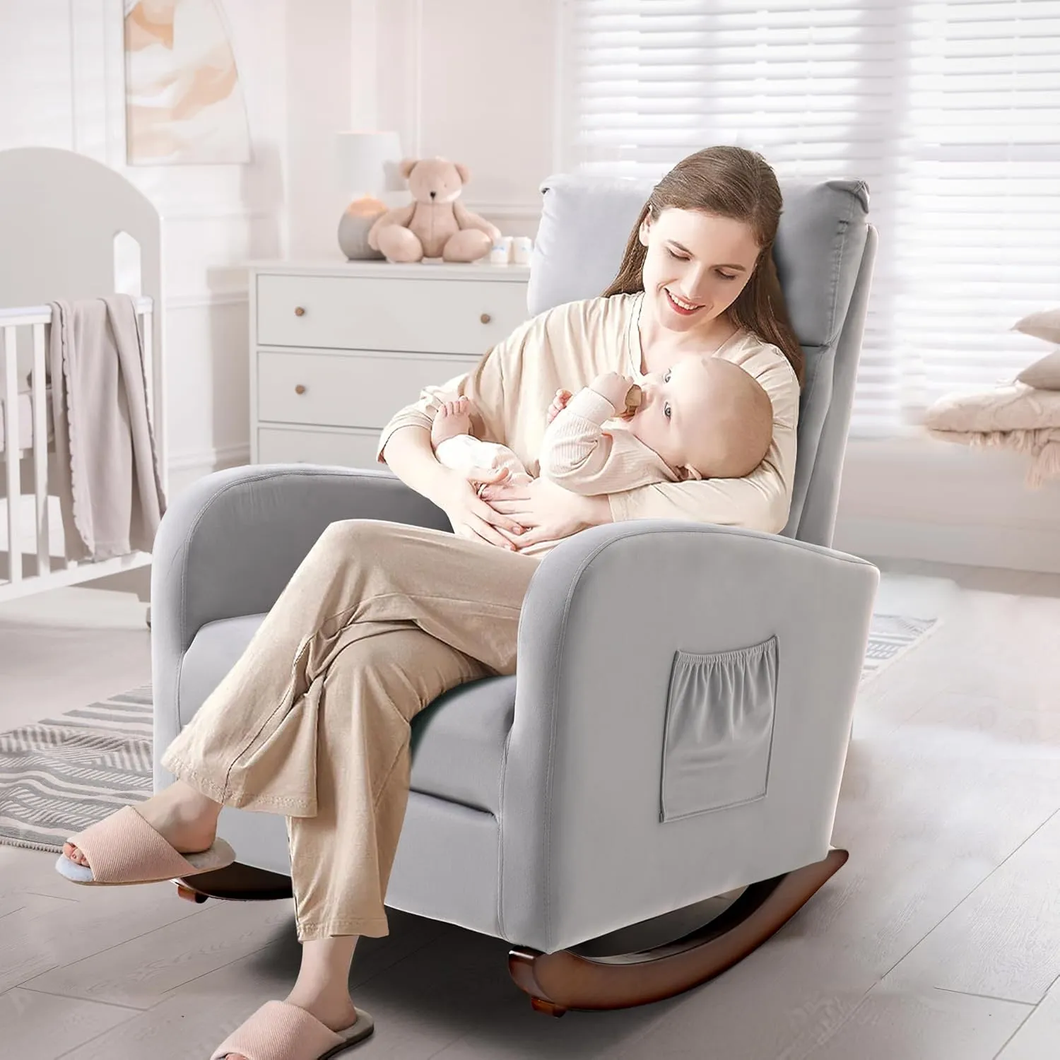 AVAWING Glider Rocking Chair, Upholstered Rocker for Nursery with Solid Legs and Side Pockets, High Back Armchair for Living Room Bedroom (Grey)