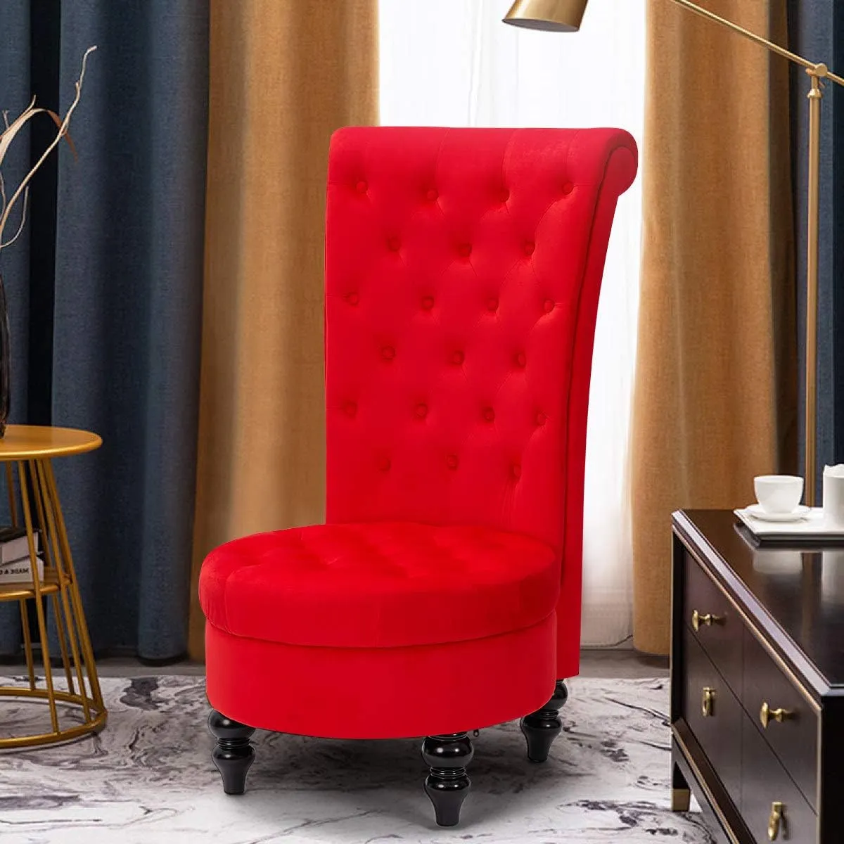 AVAWING Throne Royal Chair Set of 1 for Living Room, Button-Tufted Accent Armless High Back Chair with 24.6 Inch Larger Seat, Thick Padding and Rubberwood Legs, Enthusiastic Red