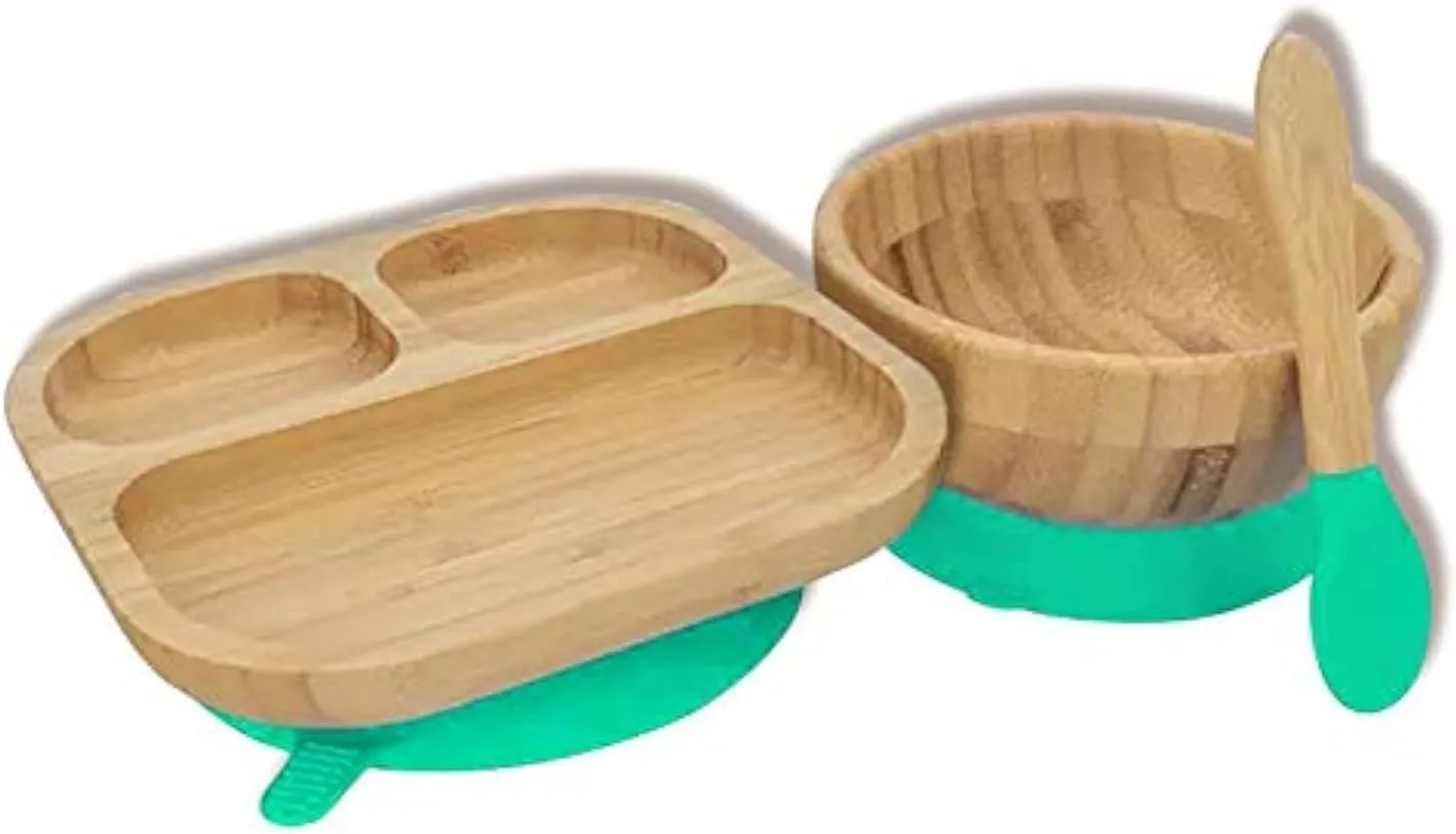 Baby Toddler Stay Put Dish, Kids Suction Plate & Bowl & Spoon, Bamboo Cute Tableware (Green set)