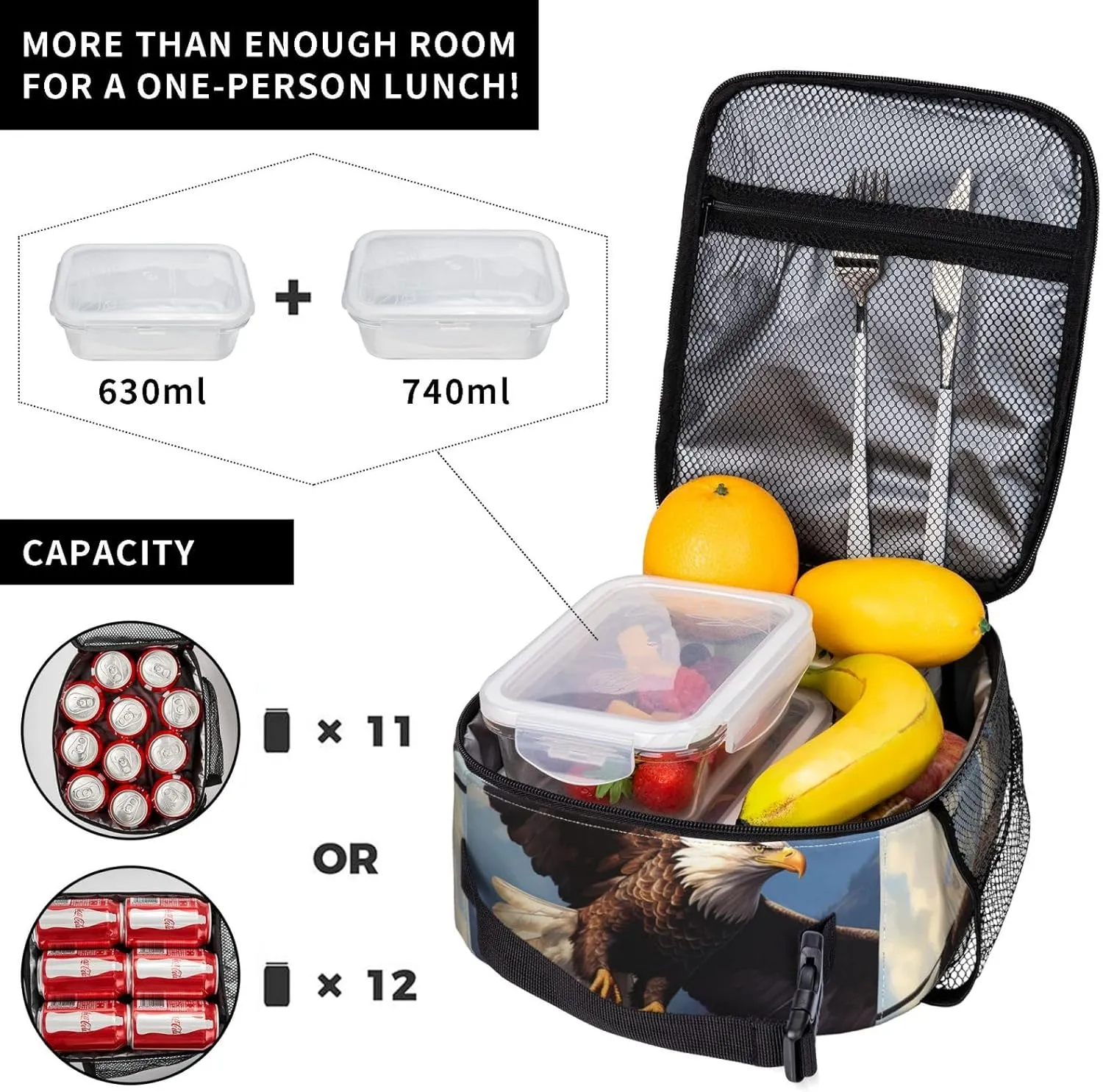 Bald Eagle Lunch Box for Kids Adults Girls Boys American Eagle Lunch Bag Cooler Tote Reusable Insulated Lunch Bag Container Gifts for Office Picnic Travel Work School