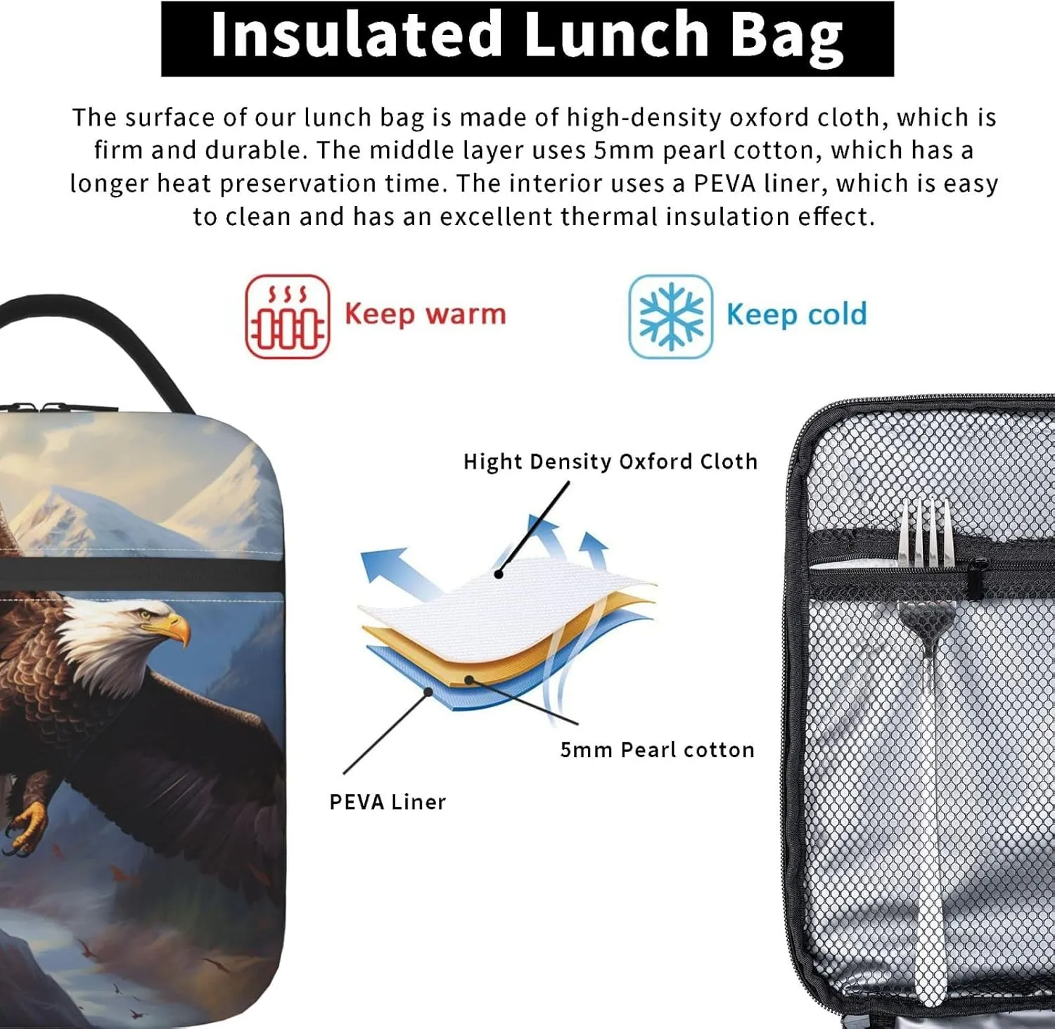 Bald Eagle Lunch Box for Kids Adults Girls Boys American Eagle Lunch Bag Cooler Tote Reusable Insulated Lunch Bag Container Gifts for Office Picnic Travel Work School