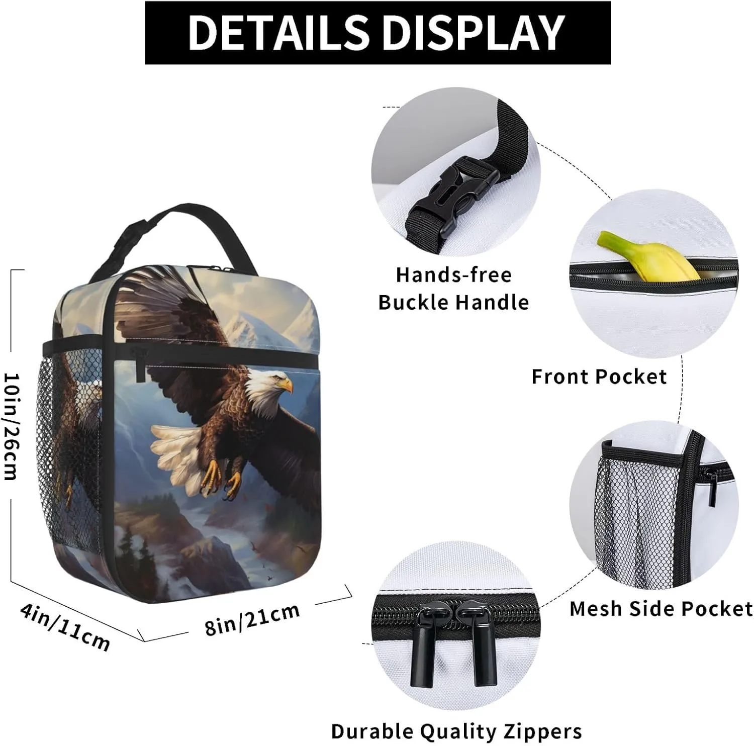 Bald Eagle Lunch Box for Kids Adults Girls Boys American Eagle Lunch Bag Cooler Tote Reusable Insulated Lunch Bag Container Gifts for Office Picnic Travel Work School
