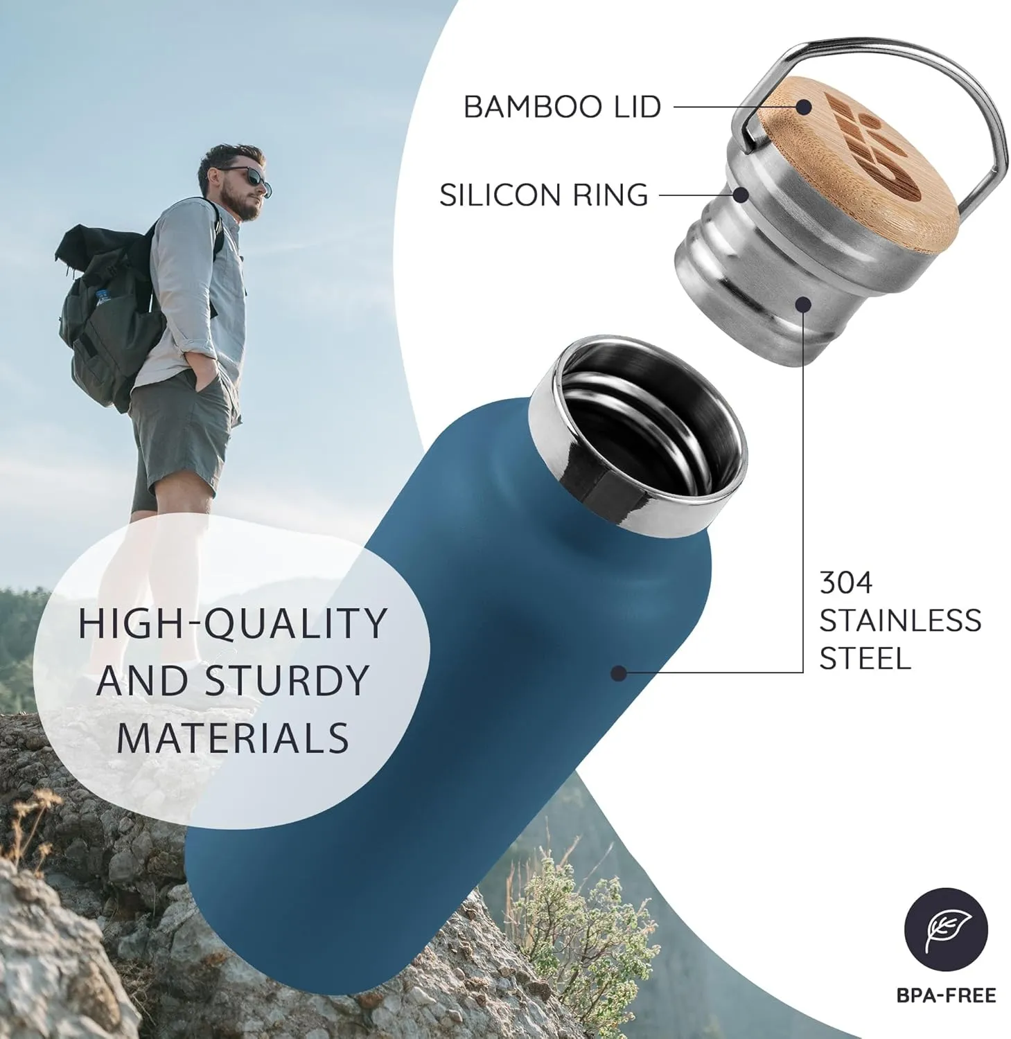 Bambaw Insulated Water Bottle 32 oz, Blue Water Bottle Stainless Steel, Reusable Water Bottle, BPA Free Water Bottle, Big Water Bottle 32oz, Cold and Hot Water Bottle – Aegean Blue