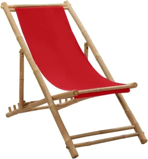 Bamboo and Canvas Red Deck Chair Adjustable 4-Position Foldable Outdoor Lounge Chair for Patio Beach Camping