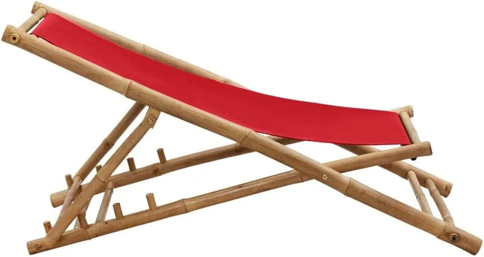 Bamboo and Canvas Red Deck Chair Adjustable 4-Position Foldable Outdoor Lounge Chair for Patio Beach Camping
