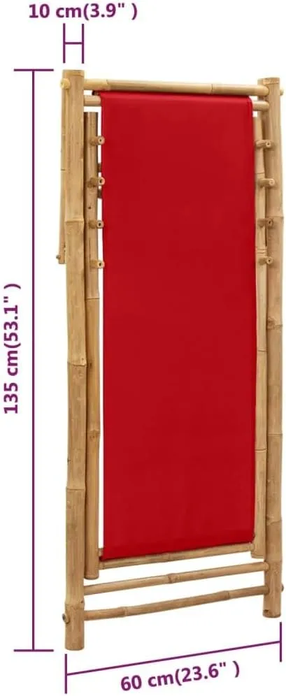 Bamboo and Canvas Red Deck Chair Adjustable 4-Position Foldable Outdoor Lounge Chair for Patio Beach Camping