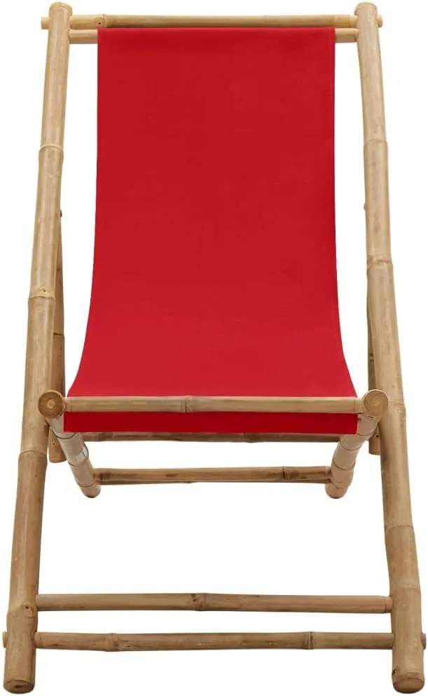 Bamboo and Canvas Red Deck Chair Adjustable 4-Position Foldable Outdoor Lounge Chair for Patio Beach Camping