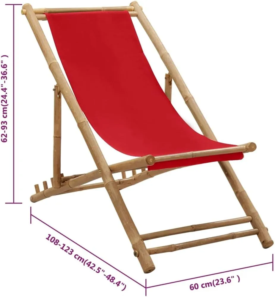 Bamboo and Canvas Red Deck Chair Adjustable 4-Position Foldable Outdoor Lounge Chair for Patio Beach Camping