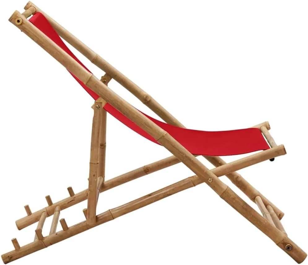 Bamboo and Canvas Red Deck Chair Adjustable 4-Position Foldable Outdoor Lounge Chair for Patio Beach Camping