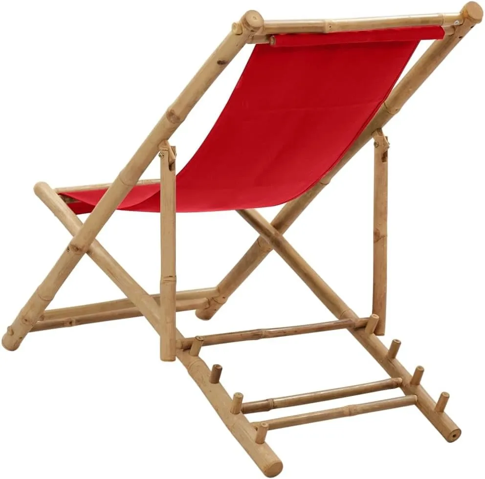 Bamboo and Canvas Red Deck Chair Adjustable 4-Position Foldable Outdoor Lounge Chair for Patio Beach Camping