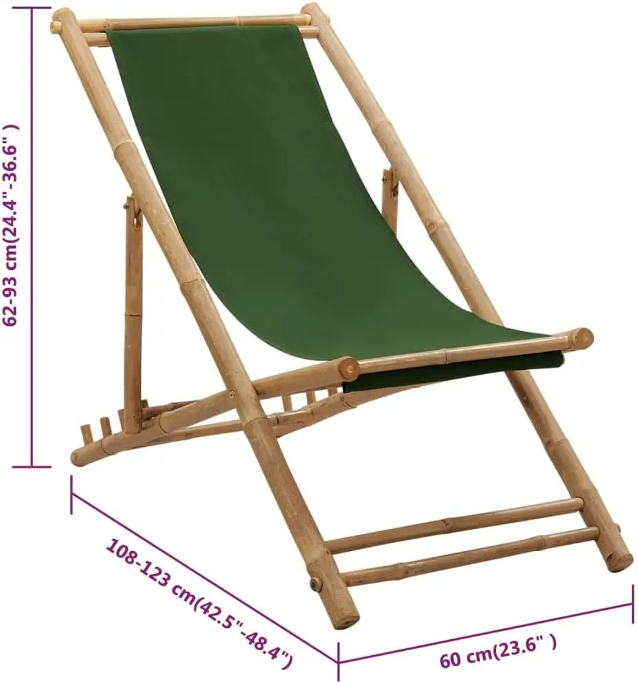 Bamboo Canvas Foldable Reclining Lounge Chair Green, 23.6x42.5-48.4x24.4-36.6in Adjustable Patio Beach Camping Outdoor Furniture for Relaxing in Garden, Poolside or Backyard