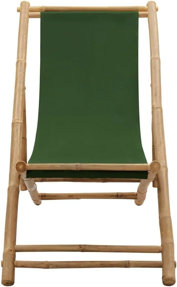 Bamboo Canvas Foldable Reclining Lounge Chair Green, 23.6x42.5-48.4x24.4-36.6in Adjustable Patio Beach Camping Outdoor Furniture for Relaxing in Garden, Poolside or Backyard