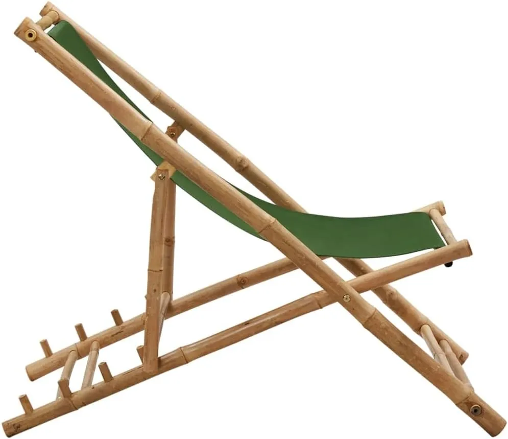 Bamboo Canvas Foldable Reclining Lounge Chair Green, 23.6x42.5-48.4x24.4-36.6in Adjustable Patio Beach Camping Outdoor Furniture for Relaxing in Garden, Poolside or Backyard