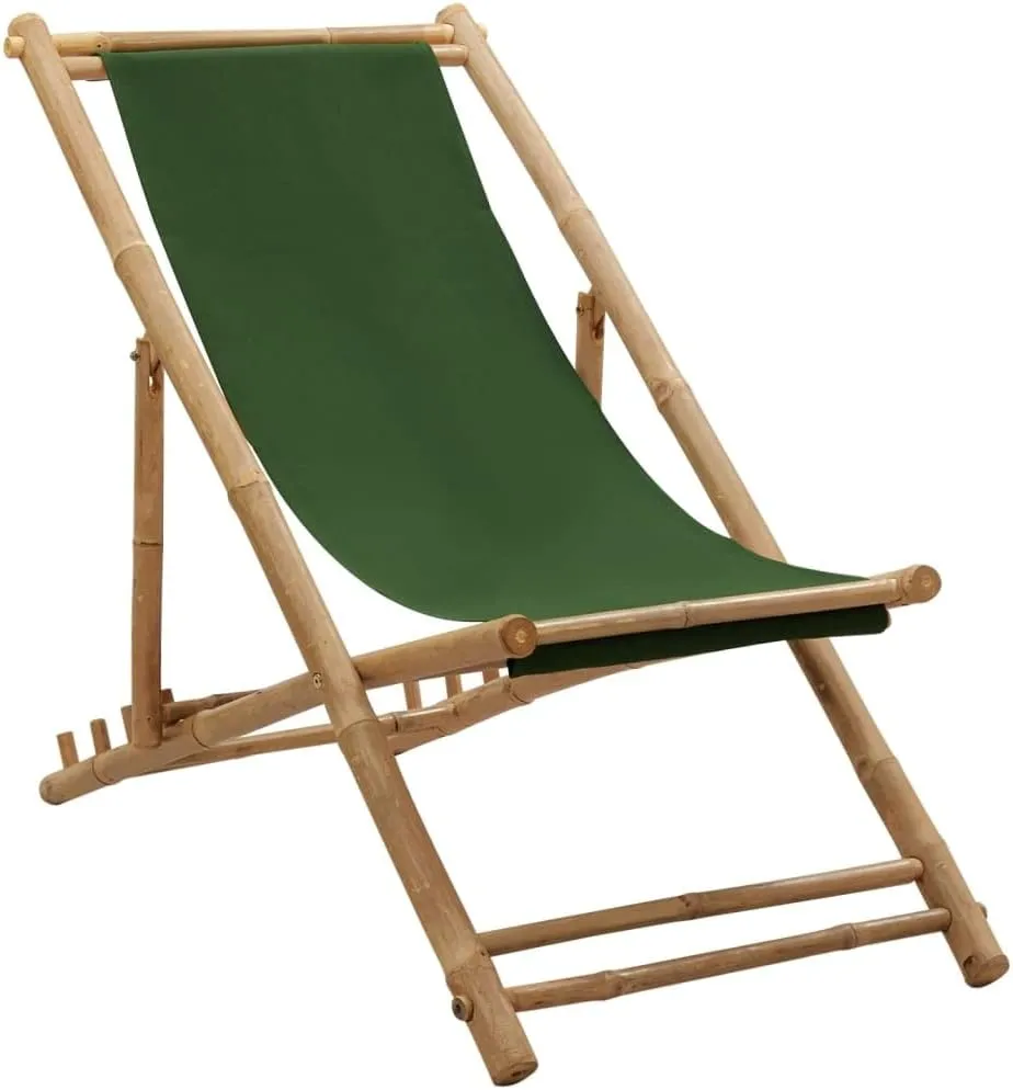 Bamboo Canvas Foldable Reclining Lounge Chair Green, 23.6x42.5-48.4x24.4-36.6in Adjustable Patio Beach Camping Outdoor Furniture for Relaxing in Garden, Poolside or Backyard