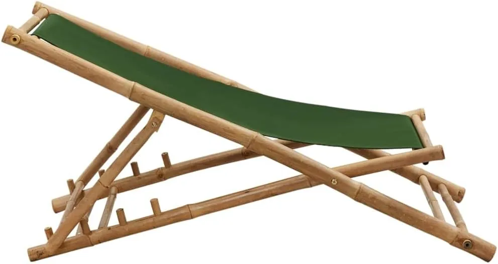 Bamboo Canvas Foldable Reclining Lounge Chair Green, 23.6x42.5-48.4x24.4-36.6in Adjustable Patio Beach Camping Outdoor Furniture for Relaxing in Garden, Poolside or Backyard
