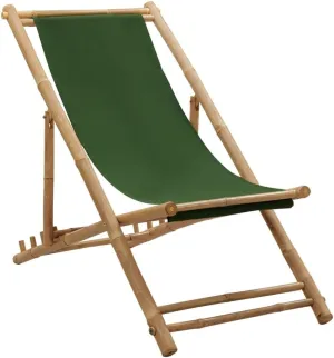 Bamboo Canvas Foldable Reclining Lounge Chair Green, 23.6x42.5-48.4x24.4-36.6in Adjustable Patio Beach Camping Outdoor Furniture for Relaxing in Garden, Poolside or Backyard
