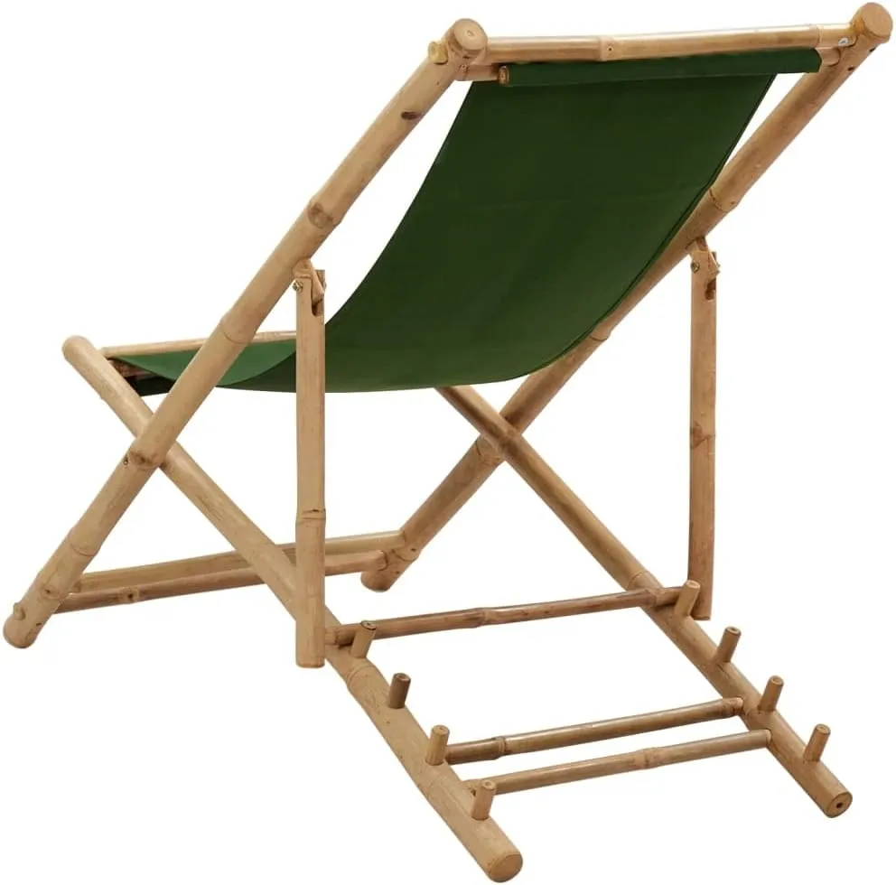 Bamboo Canvas Foldable Reclining Lounge Chair Green, 23.6x42.5-48.4x24.4-36.6in Adjustable Patio Beach Camping Outdoor Furniture for Relaxing in Garden, Poolside or Backyard