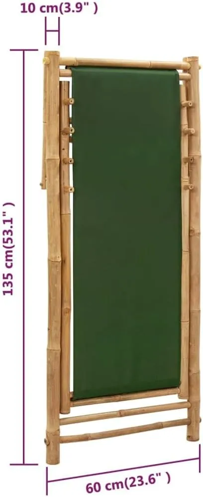 Bamboo Canvas Foldable Reclining Lounge Chair Green, 23.6x42.5-48.4x24.4-36.6in Adjustable Patio Beach Camping Outdoor Furniture for Relaxing in Garden, Poolside or Backyard