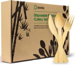 Bamboo Disposable Utensils (200PK: 80 Forks 80 Spoons 40 Knives) Compostable Eco Friendly Natural Biodegradable Bamboo Utensil/Cutlery Set Disposable Forks Knives and Spoons Set